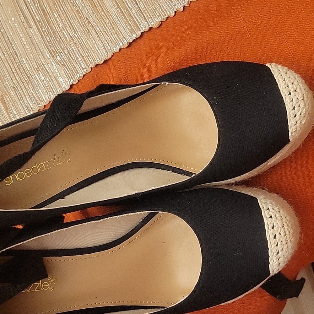 Shoe Dazzle Black Espadrille Wedges Worn Once